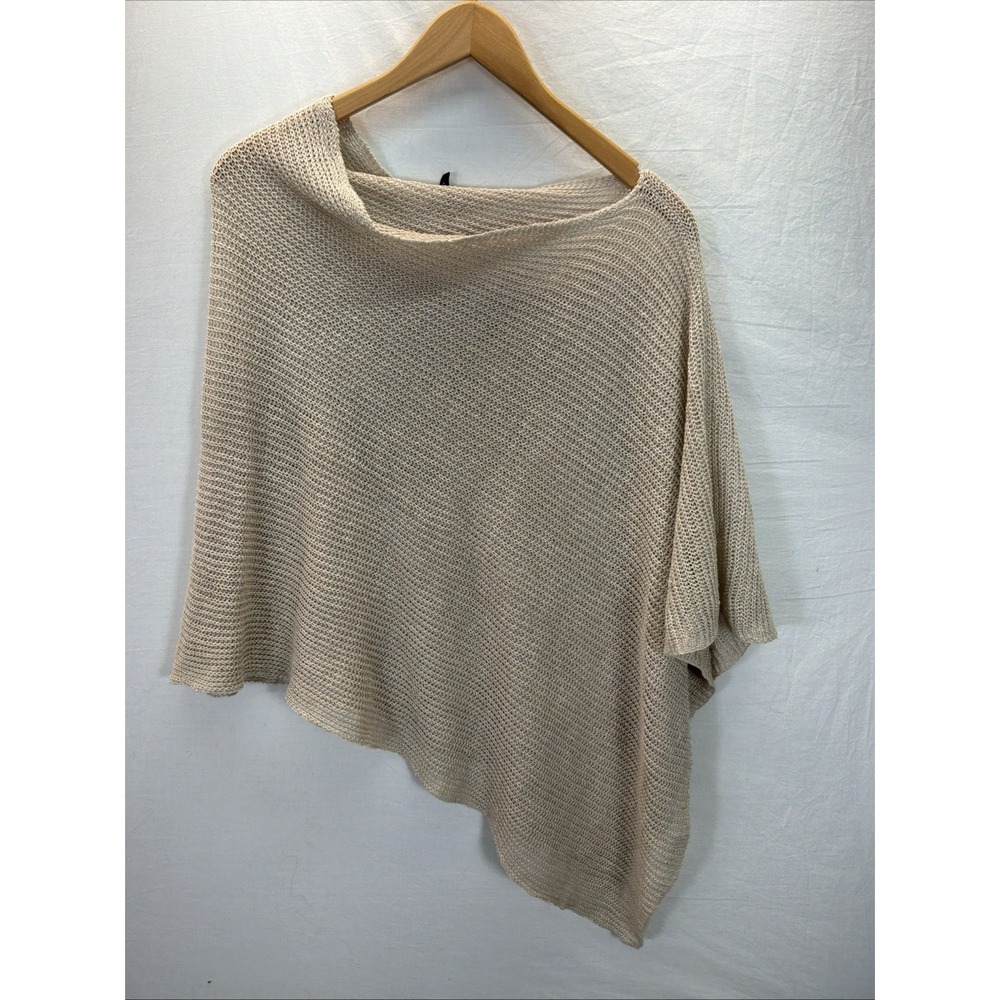 Eileen Fisher Beige Open Weave Linen Blend Asymmetrical Draped Poncho Sweater OS